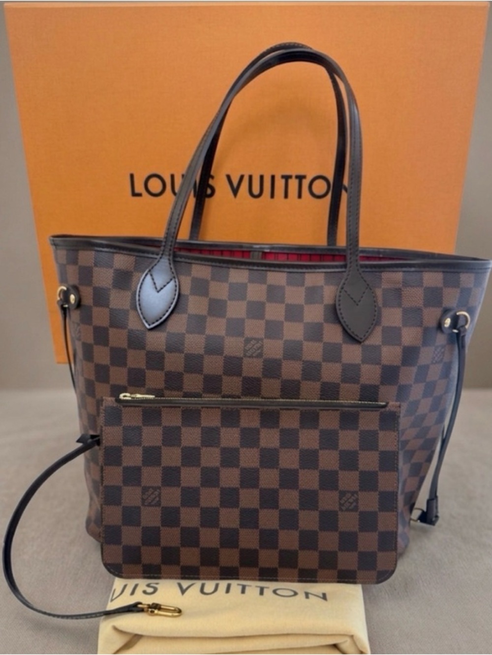 Louis Vuitton Neverfull MM Damier Ebene Tote Shoulder Bag I Pouch & Dust Bag